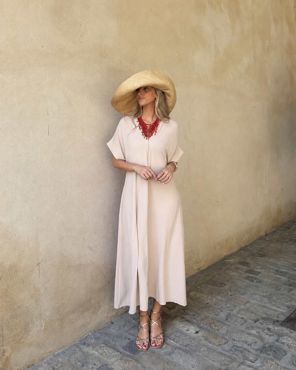 Telma™ - Vestido Midi Estilo Caftán Beige