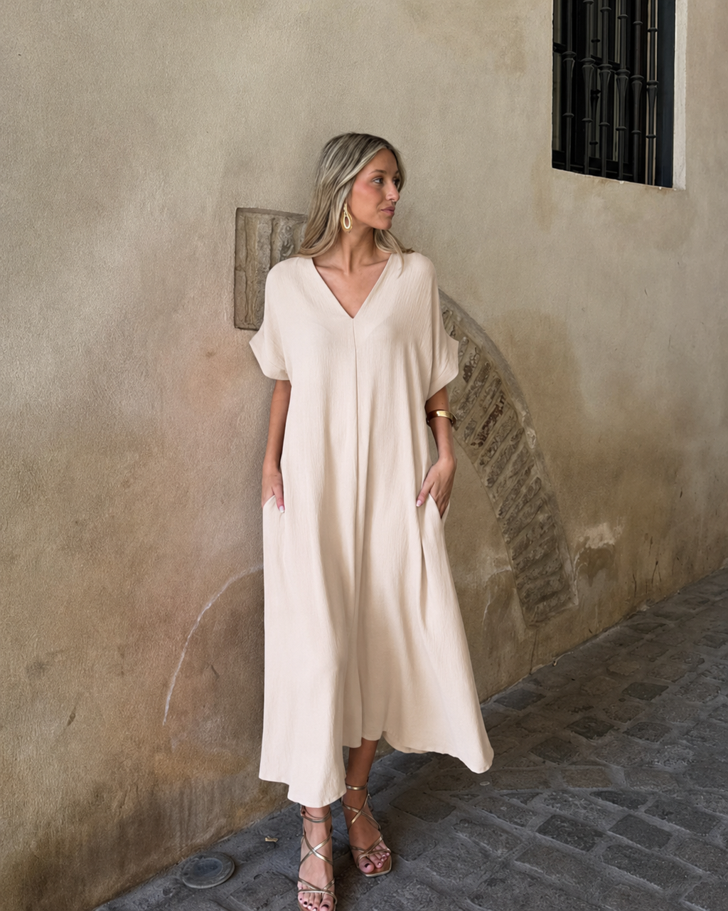 Telma™ - Vestido Midi Estilo Caftán Beige