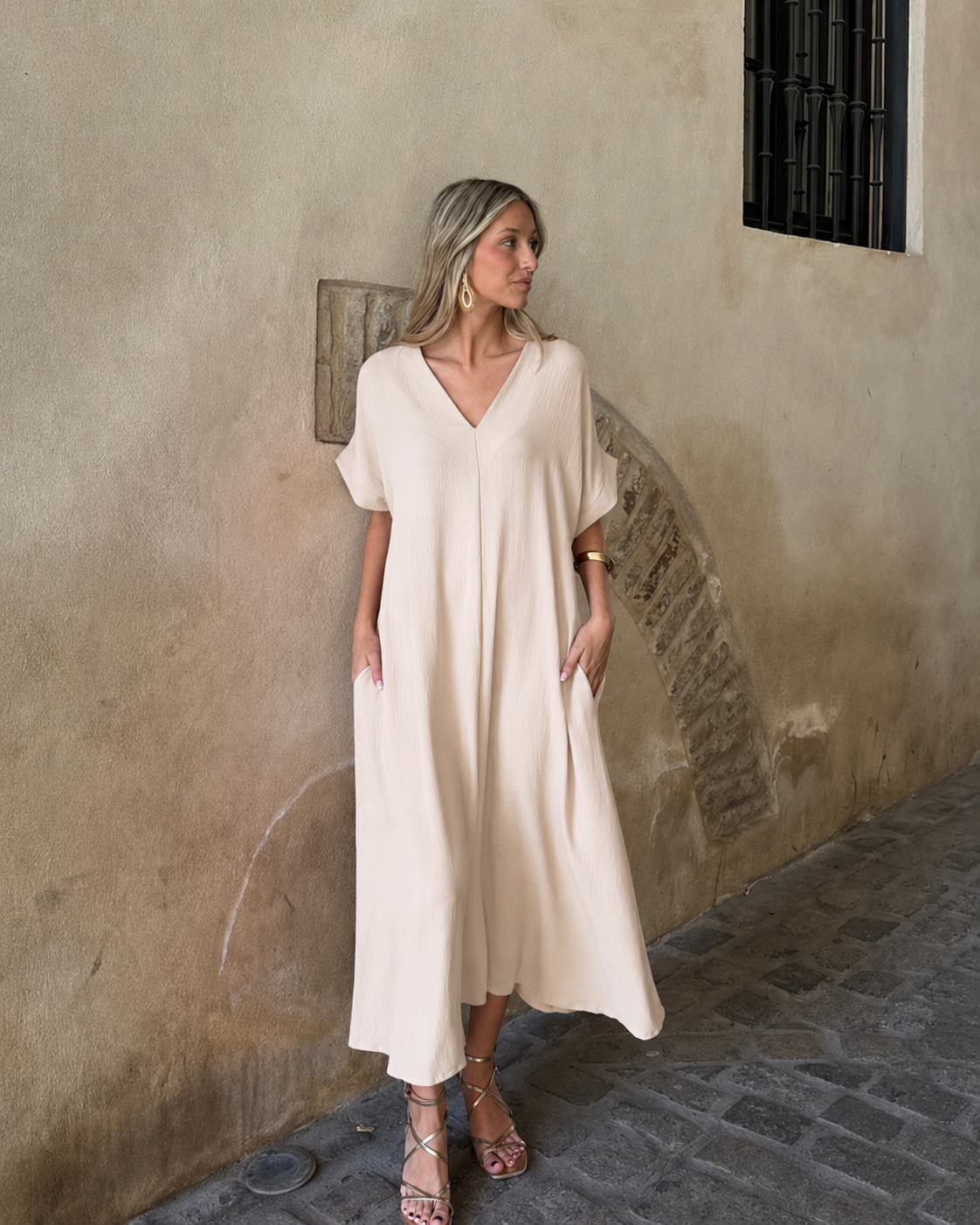Telma™ - Vestido Midi Estilo Caftán Beige