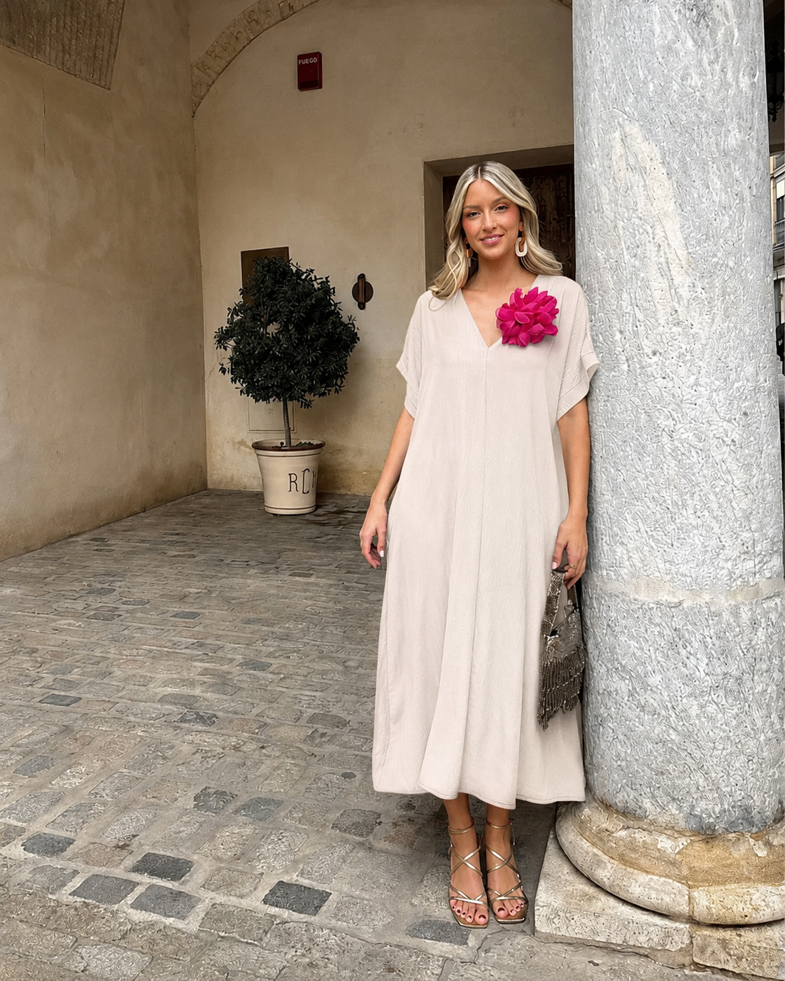 Telma™ - Vestido Midi Estilo Caftán Beige