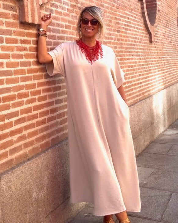 Telma™ - Vestido Midi Estilo Caftán Beige