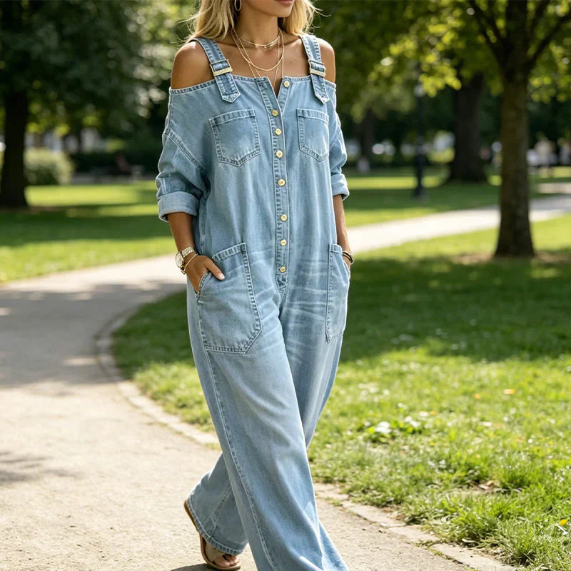 Inés™ - Mono con hombros descubiertos, perneras anchas y bolsillos