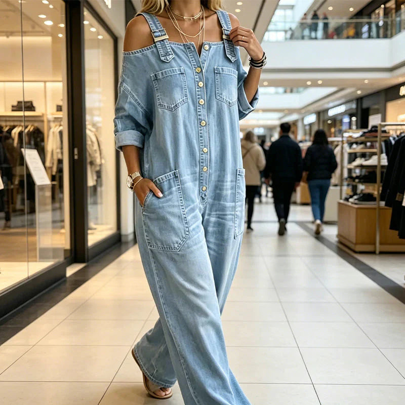 Inés™ - Mono con hombros descubiertos, perneras anchas y bolsillos