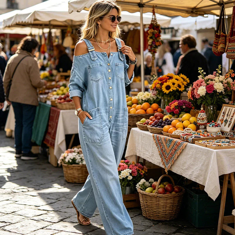 Inés™ - Mono con hombros descubiertos, perneras anchas y bolsillos