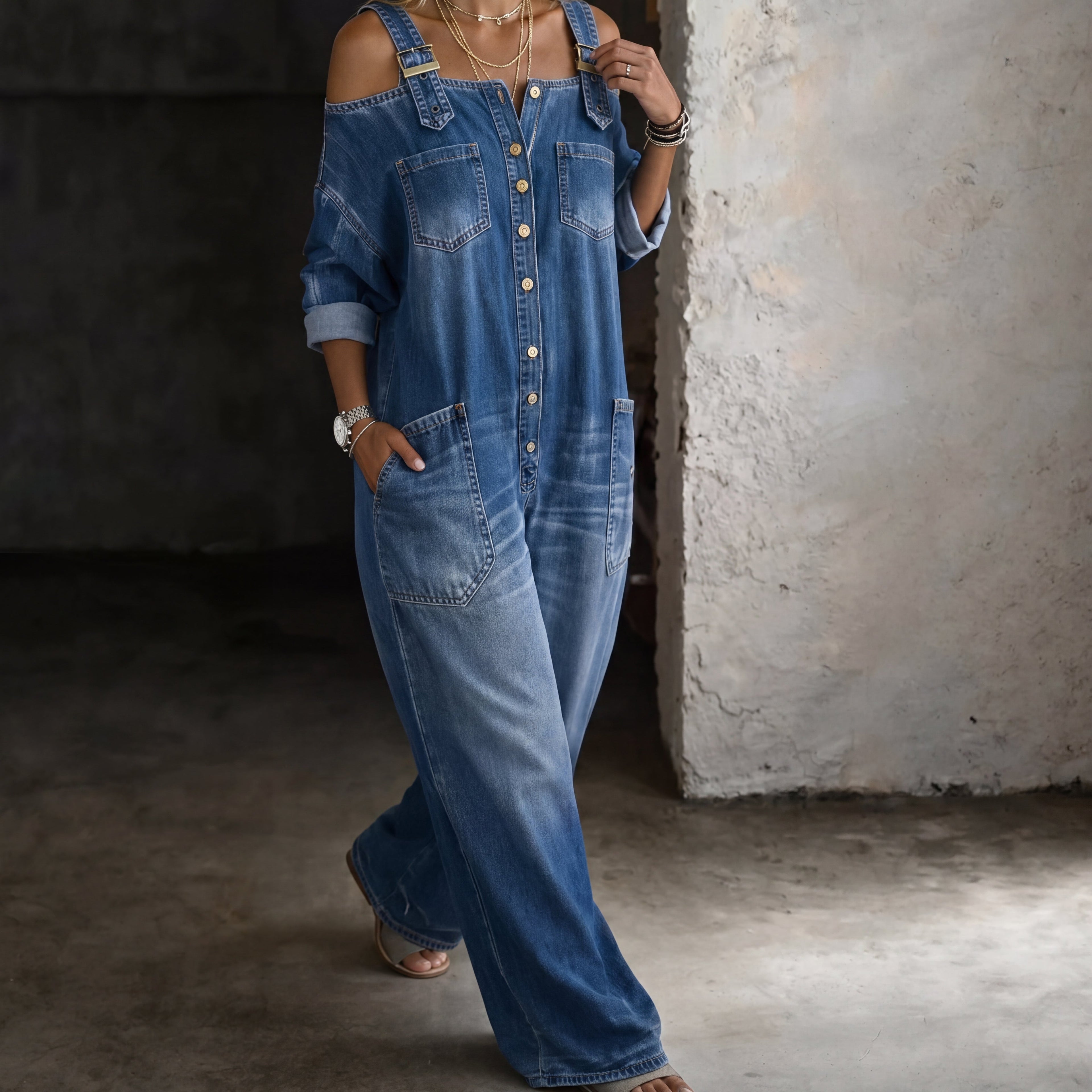 Inés™ - Mono con hombros descubiertos, perneras anchas y bolsillos