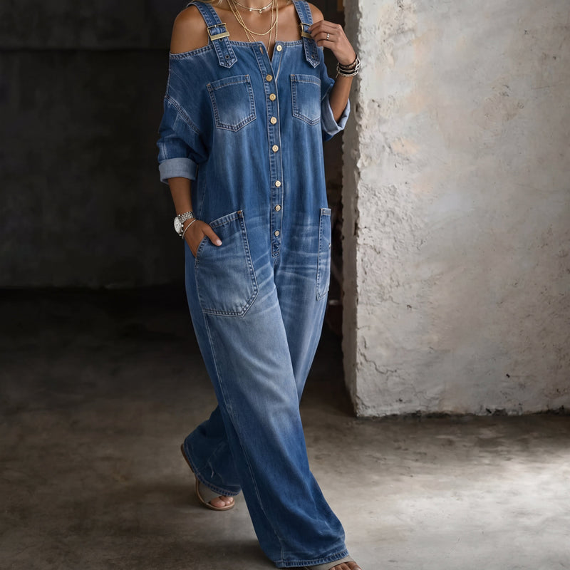 Inés™ - Mono con hombros descubiertos, perneras anchas y bolsillos