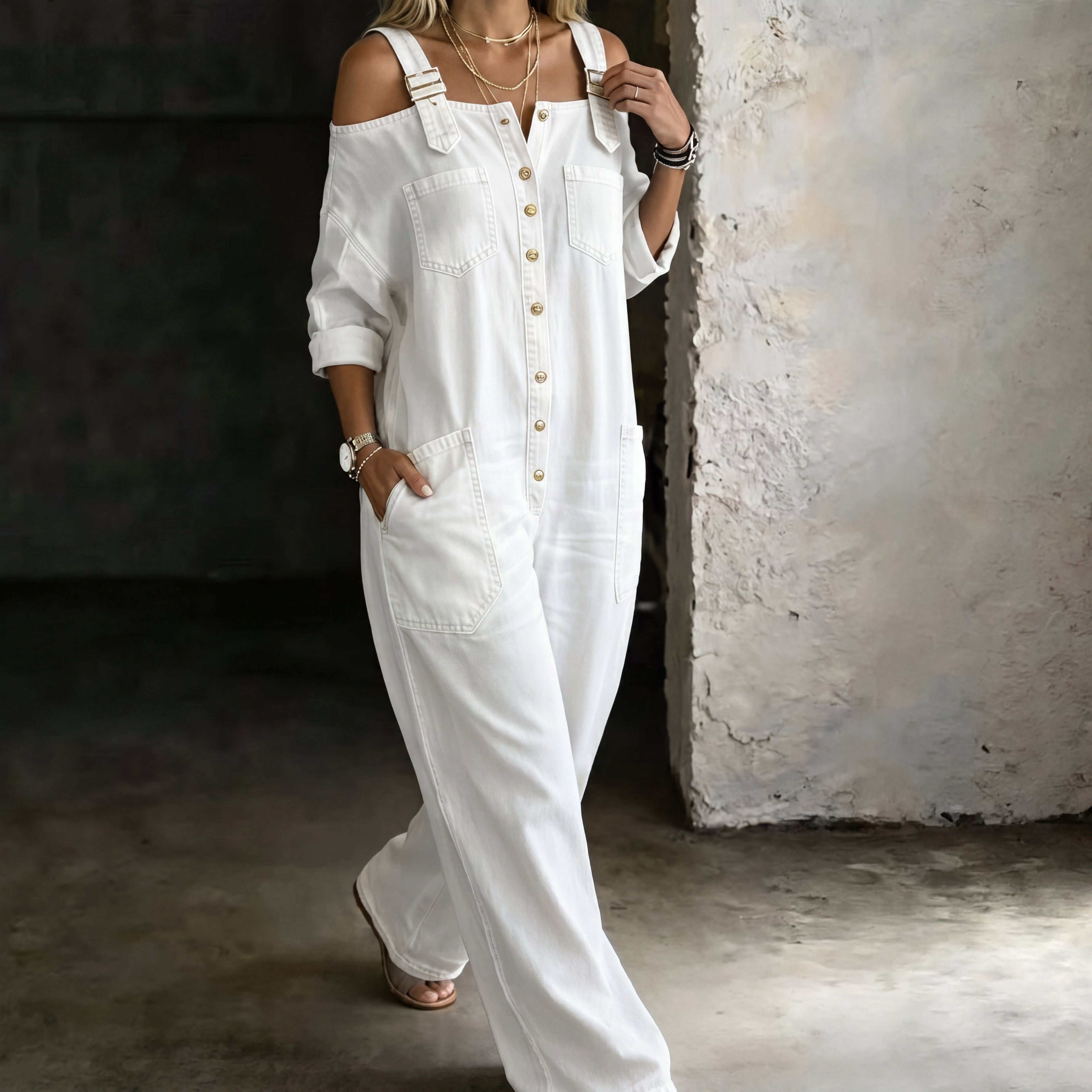 Inés™ - Mono con hombros descubiertos, perneras anchas y bolsillos