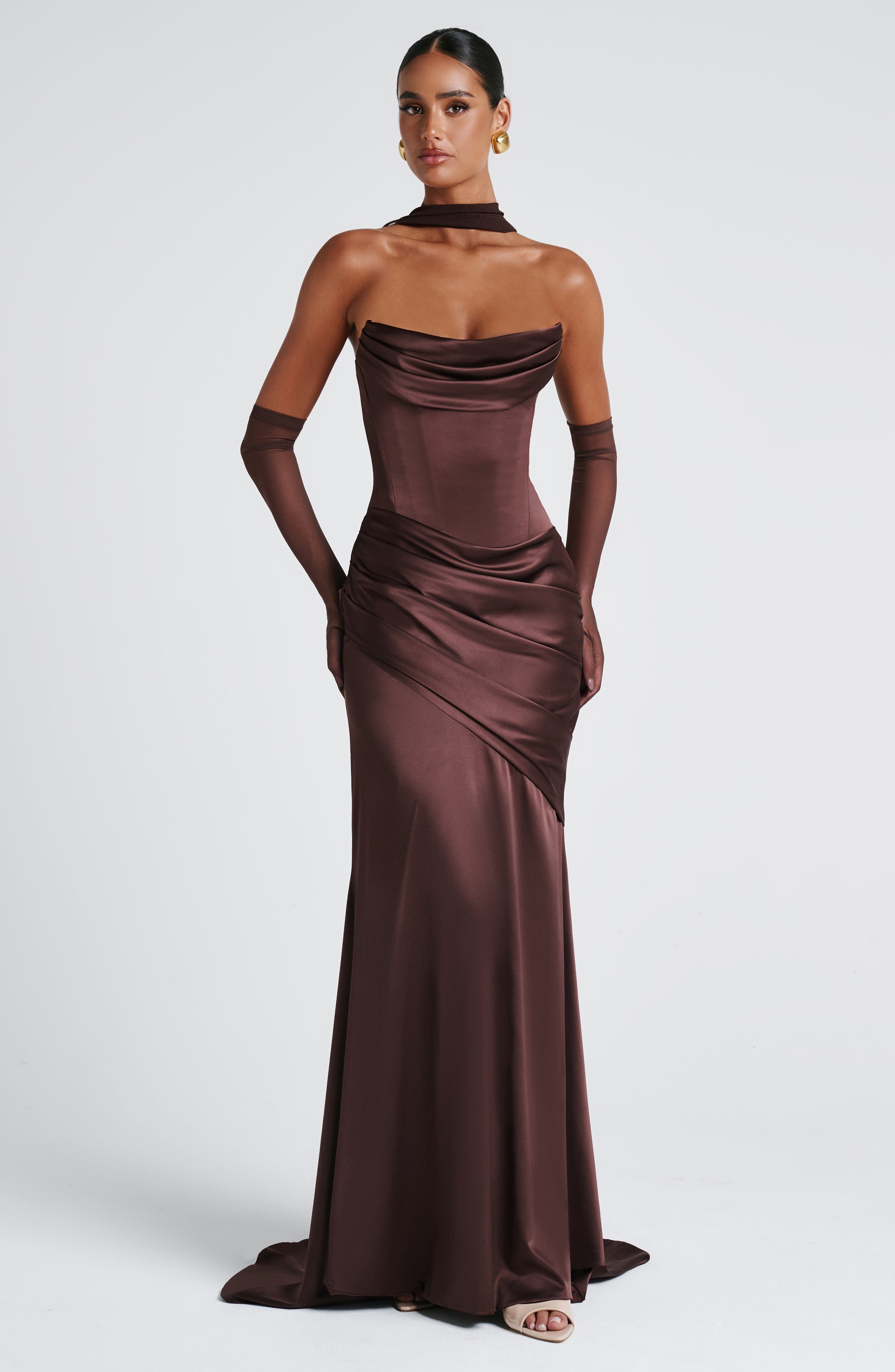 Aria™ - Vestido Largo Marrón Ciruela