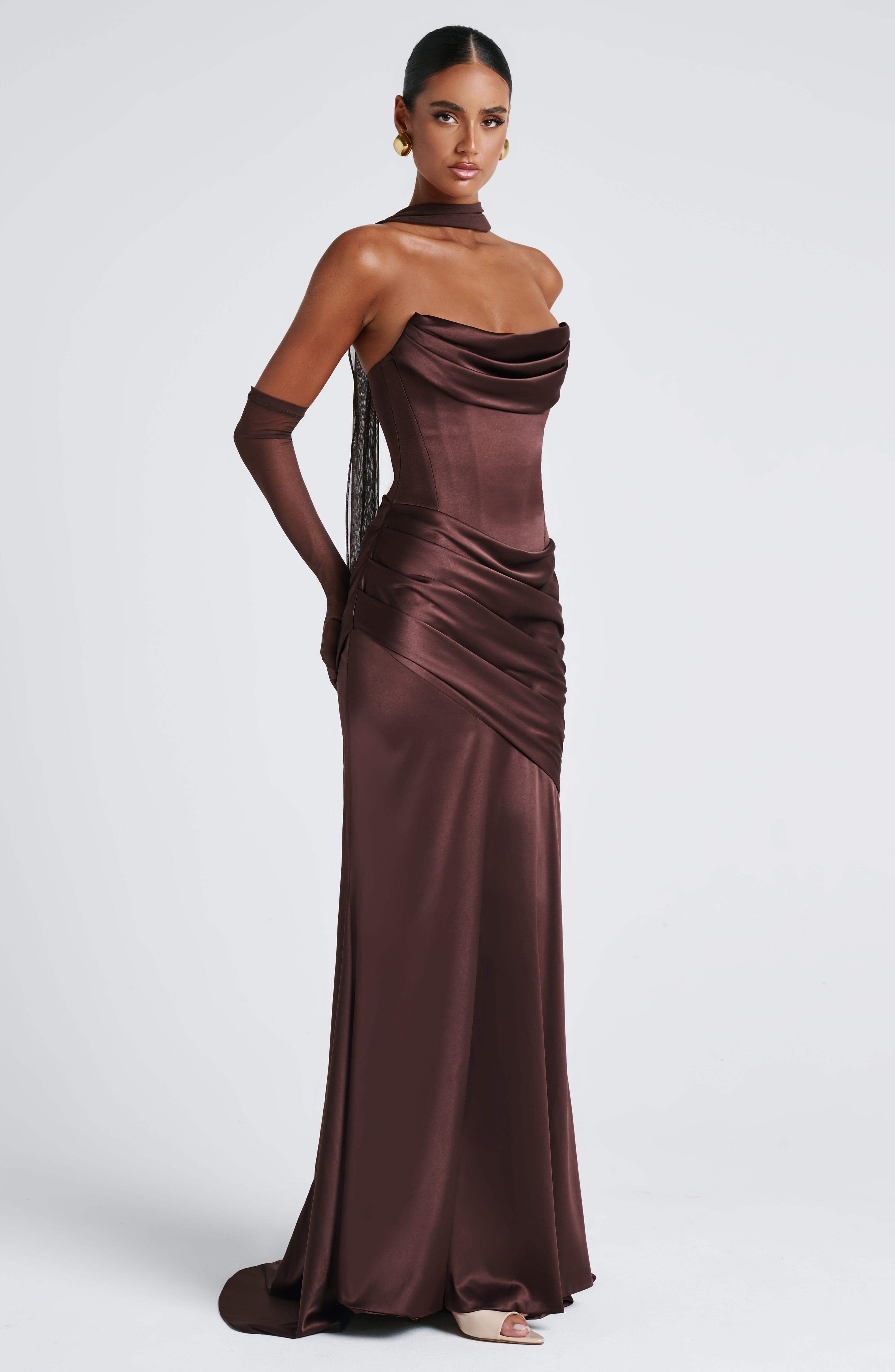 Aria™ - Vestido Largo Marrón Ciruela