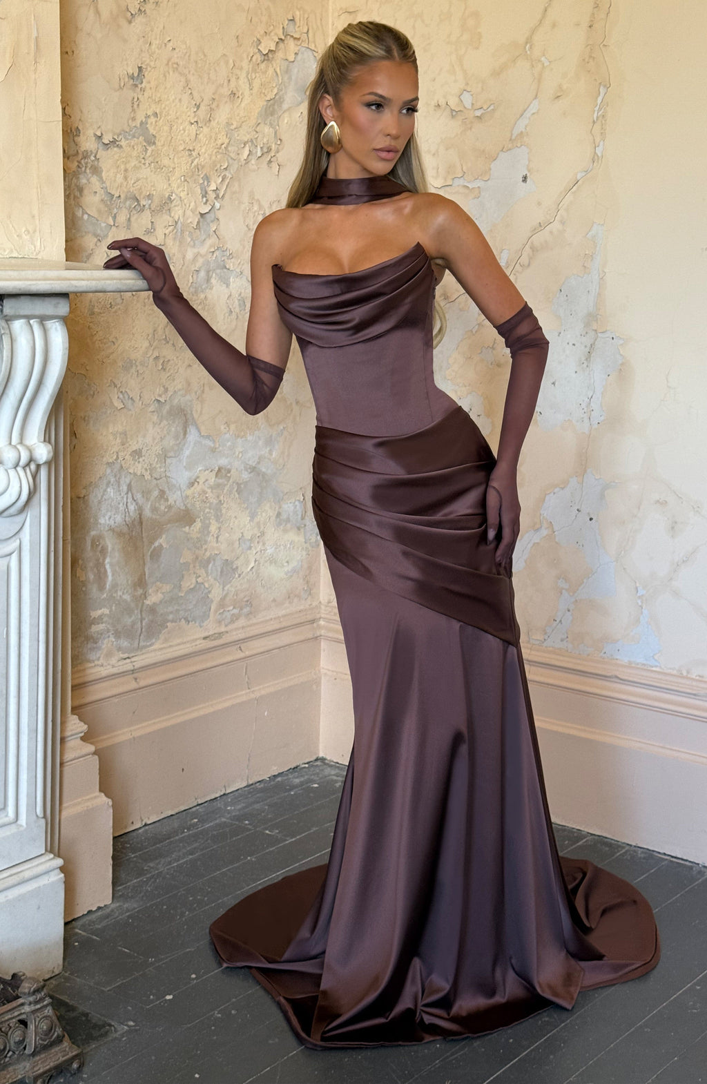 Aria™ - Vestido Largo Marrón Ciruela