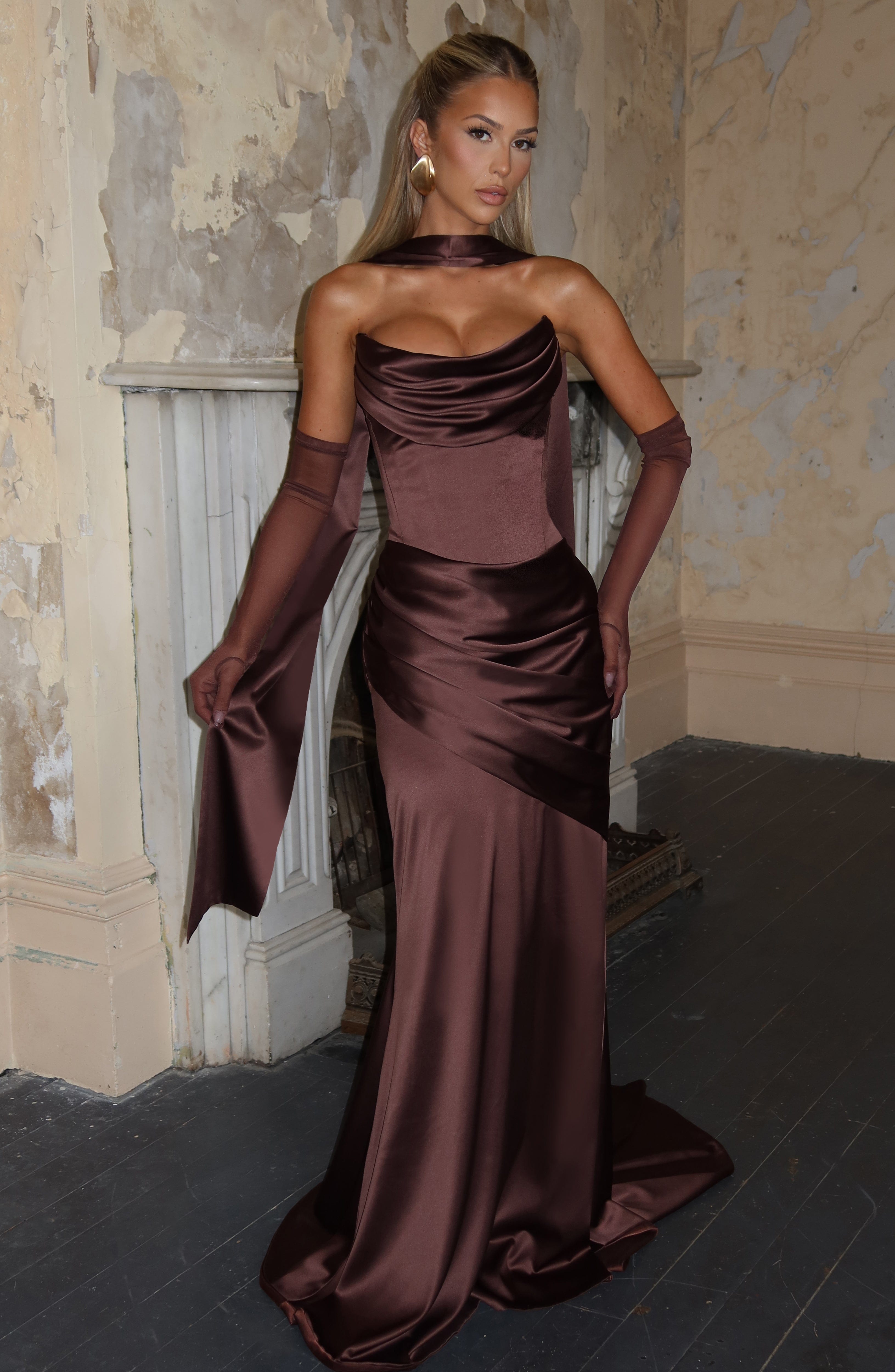Aria™ - Vestido Largo Marrón Ciruela