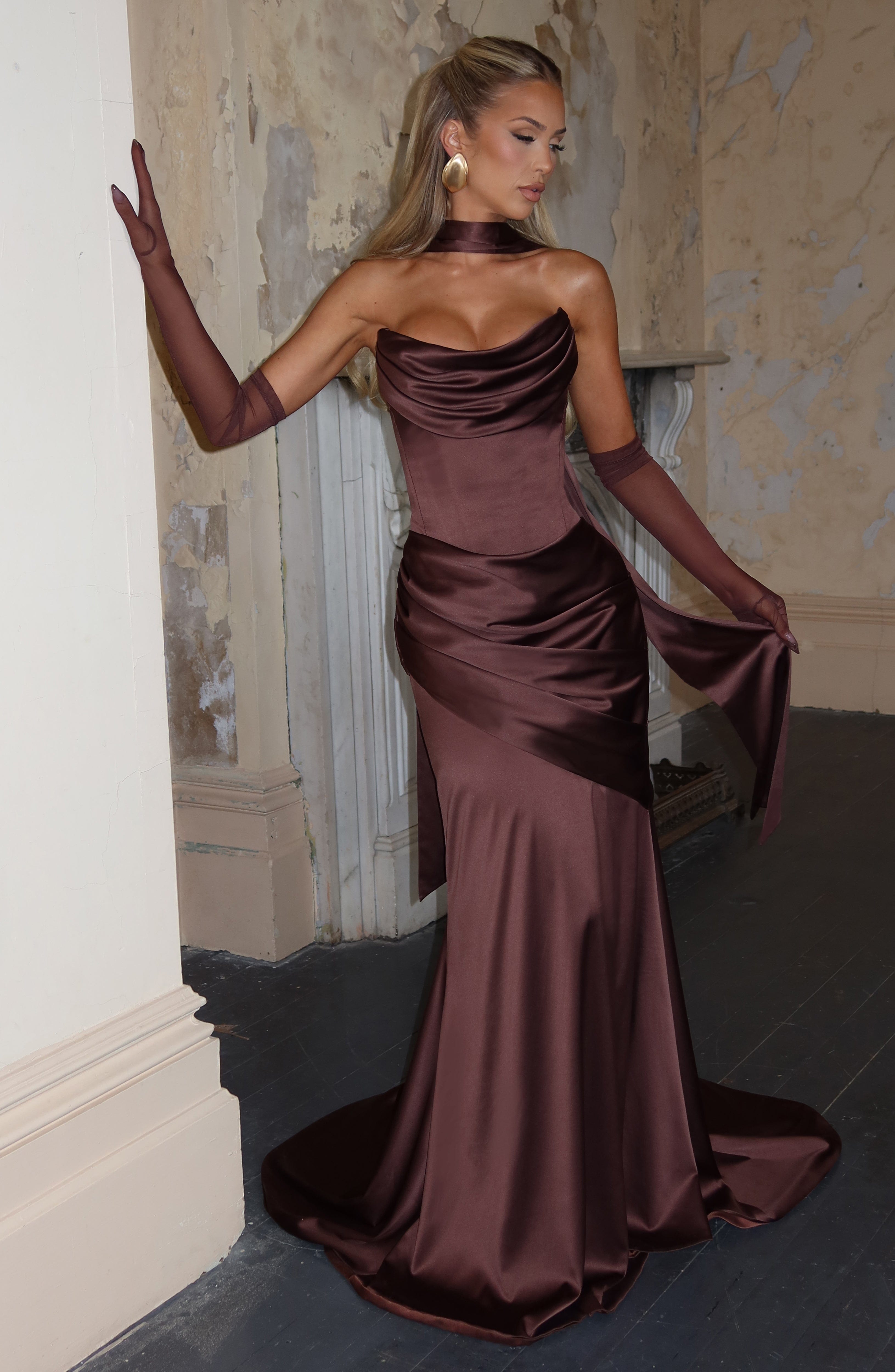 Aria™ - Vestido Largo Marrón Ciruela