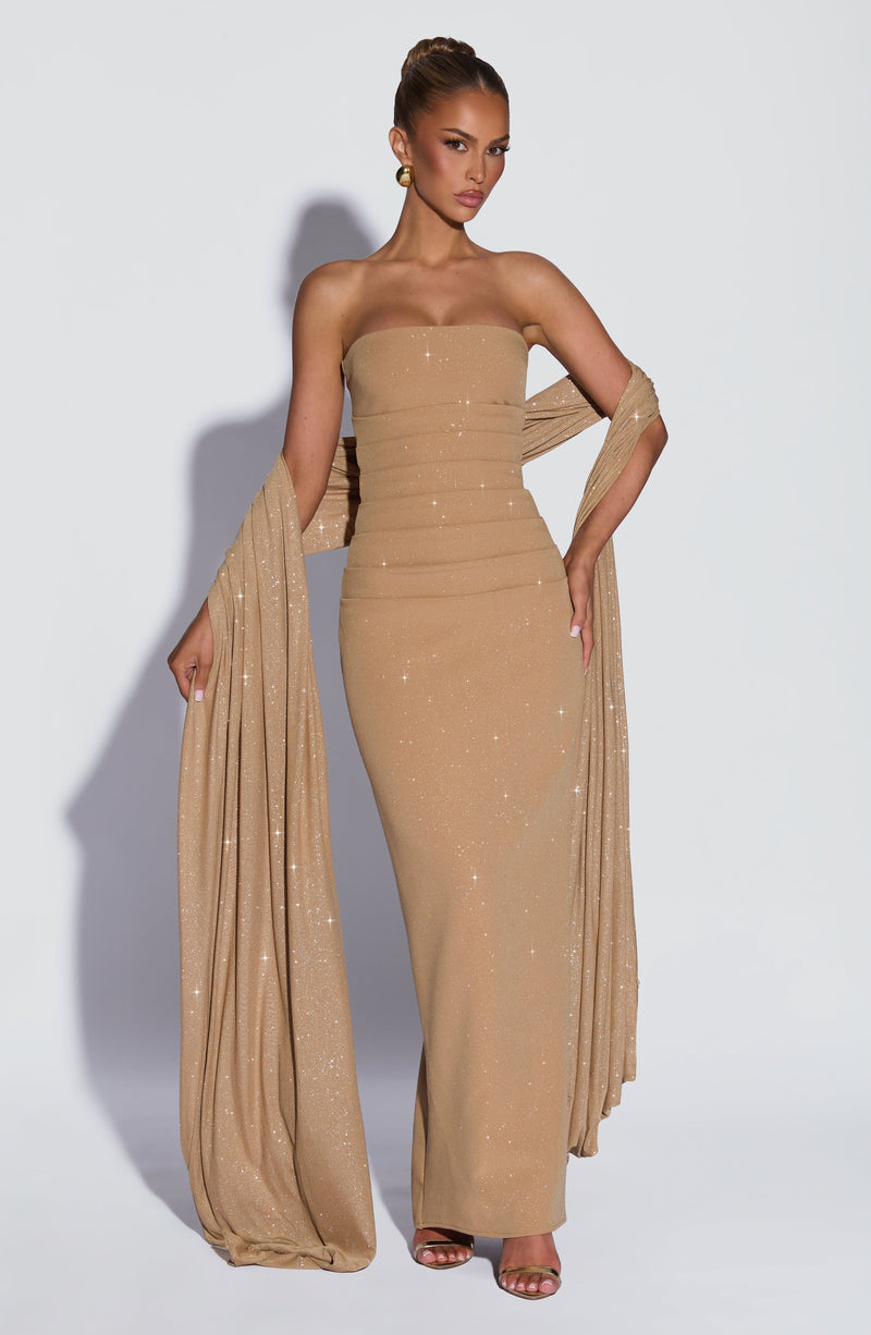 Isabella™ - Vestido de Gala en Crêpe Oro Luminoso